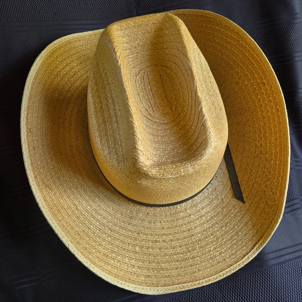 Vintage Straw Cowboy Hat 7 3/8 Natural Tan Woven Western Cattleman Crease